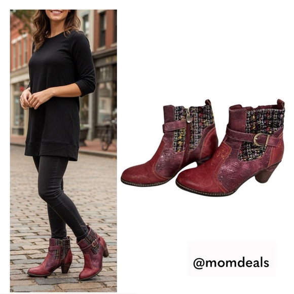 L'ATISTE Shoes - L'Atiste by Spring Step Nancies Burgundy Leather Tweed Ankle Boots Size EU 39